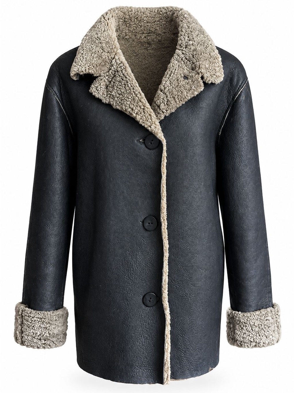 Hilary Radley Black Genuine Leather Coat | Taupe Shearling Lined